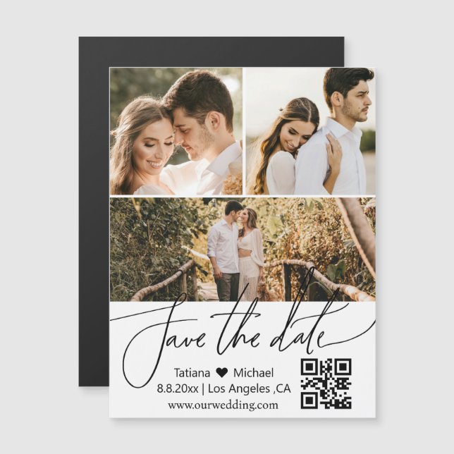 qr code 3 photo collage save the date magnet (Front/Back)