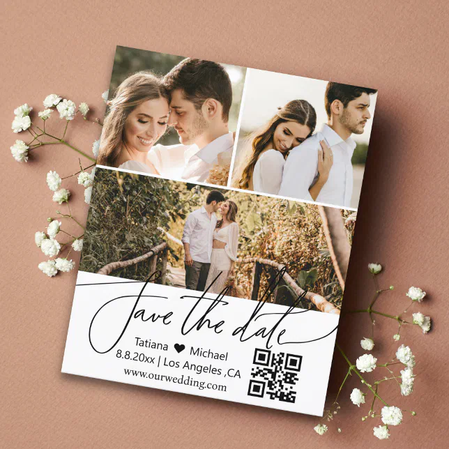 qr code 3 photos collage save the date invitation | Zazzle