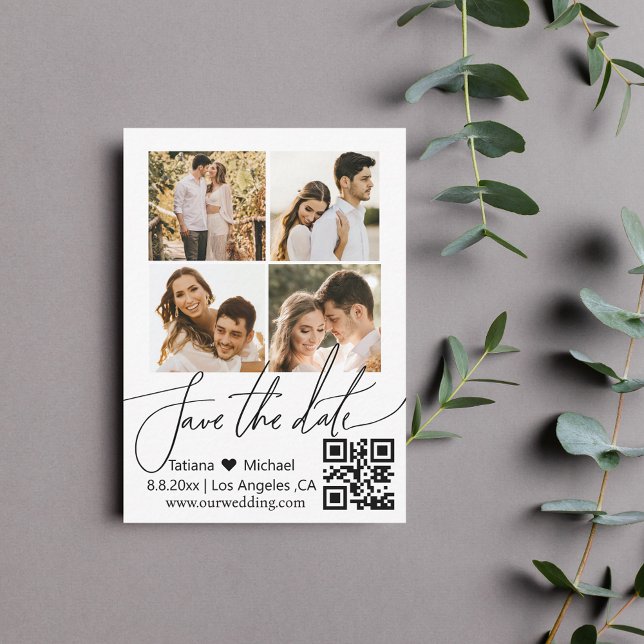 qr code 4 photos collage simple save the date card (Creator Uploaded)