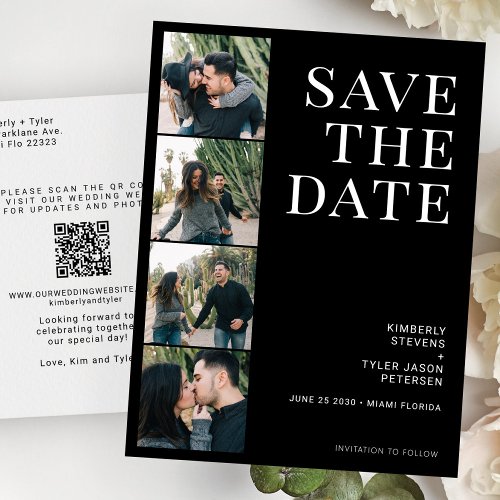 QR CODE 4 photos typography black wedding Announcement Postcard