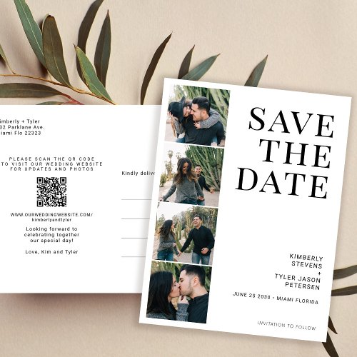 QR CODE 4 photos typography wedding Announcement Postcard