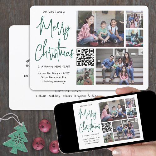 QR Code 5 Photo We Wish You Merry Christmas Green Holiday Card