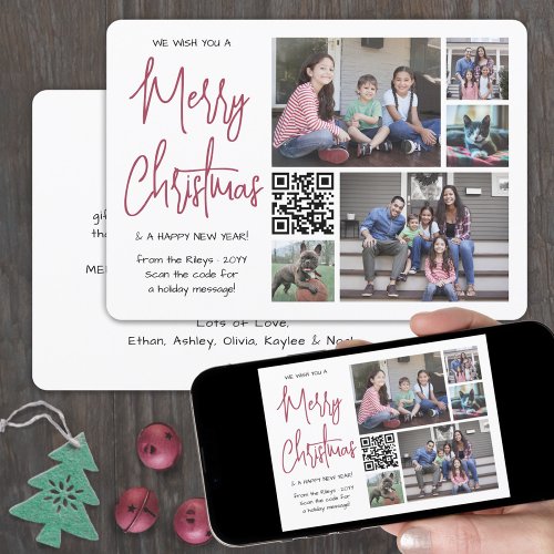 QR Code 5 Photo We Wish You Merry Christmas Red Holiday Card
