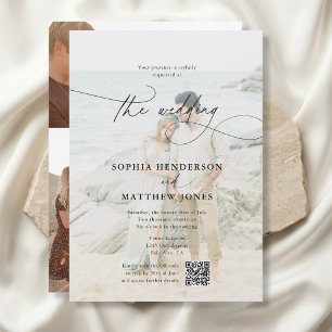 QR Code 5 Photo Whimsical Script Elegant Wedding Invitation