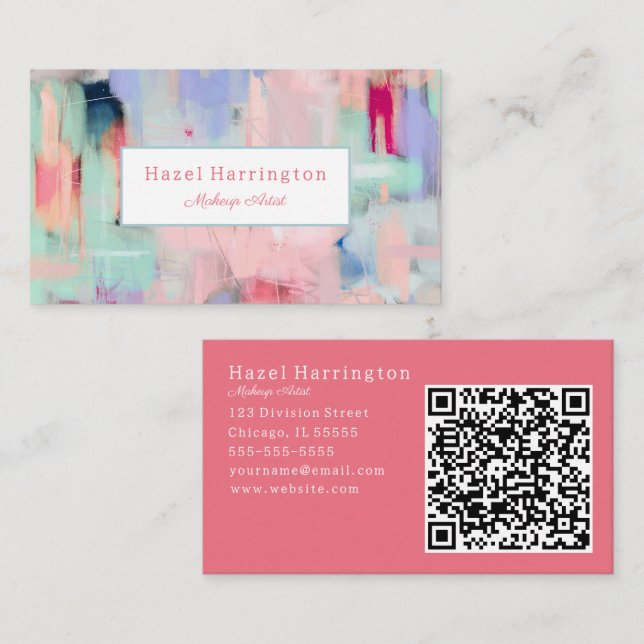 QR Code Abstract Business Card Pretty Pink (Front/Back)