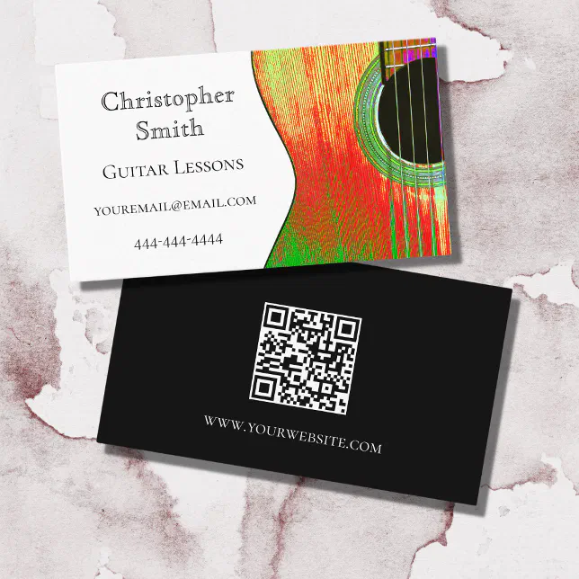 QR code Acoustic Guitar Music Lessons Red Green Business Card Zazzle
