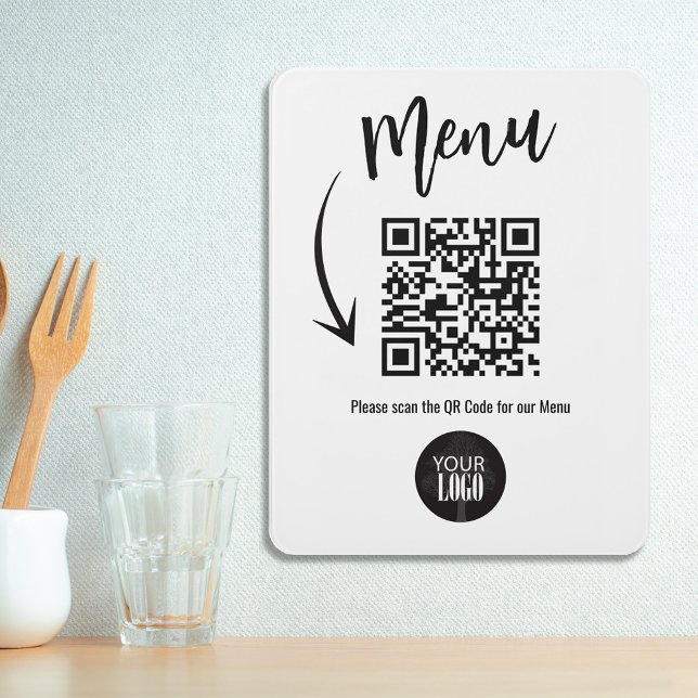 QR Code Add Your Logo Restaurant Menus Door Sign (Simple scan me business sign with add your own logo menu template,)