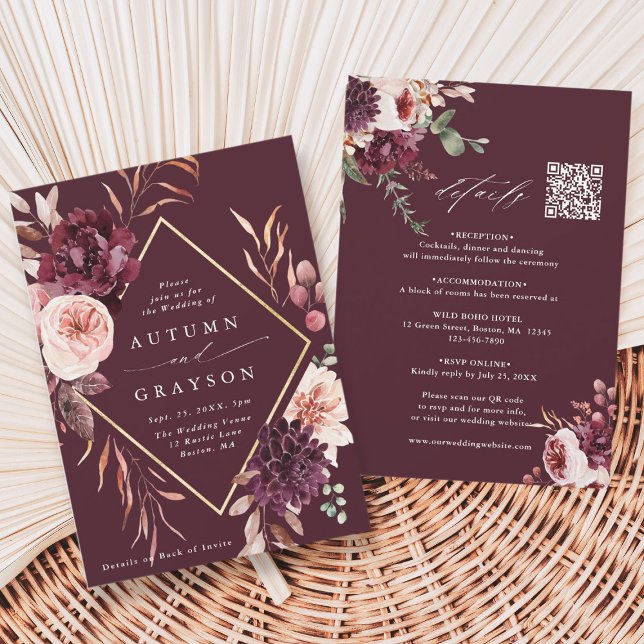QR Code All In One Autumn Romance Burgundy Wedding Invitation (Creator Uploaded)