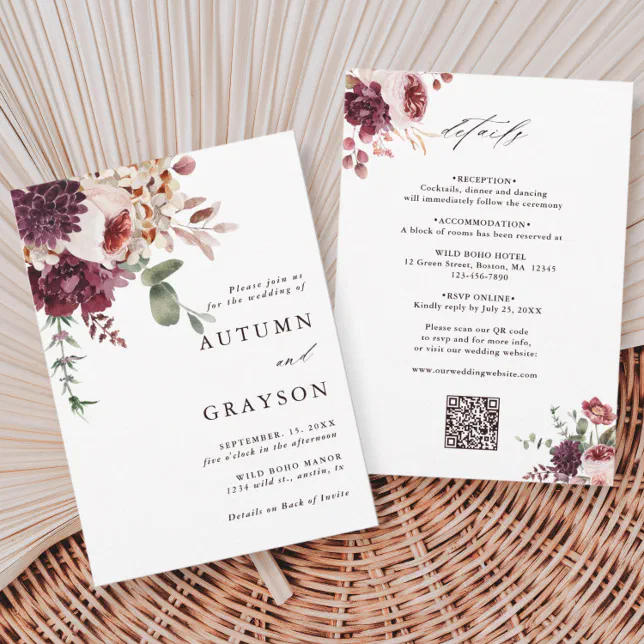 QR Code All In One Autumn Romance Floral Wedding Invitation | Zazzle