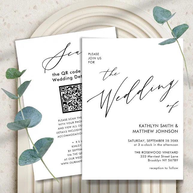 QR Code All In One Elegant Script Simple Wedding Invitation | Zazzle
