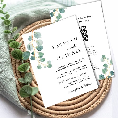 QR Code All In One Modern Eucalyptus Green Wedding Invitation