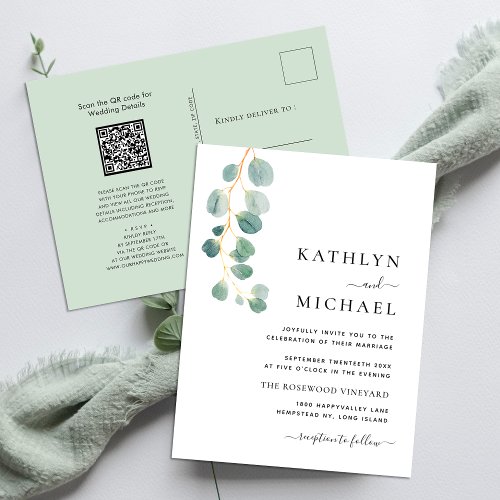 QR Code All In One Modern Eucalyptus Green Wedding Invitation Postcard