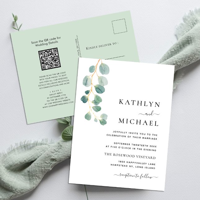 QR Code All In One Modern Eucalyptus Green Wedding Invitation Postcard (Creator Uploaded)