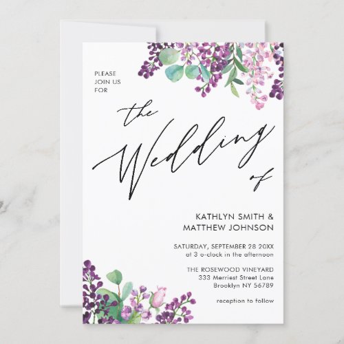 QR Code All In One Purple Lilac Floral Wedding Invitation