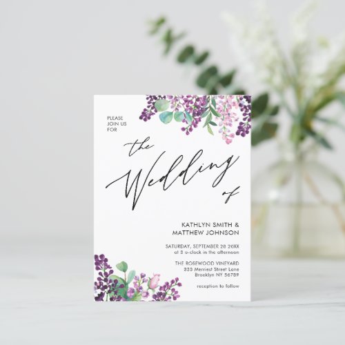 QR Code All In One Purple Lilac Floral Wedding Invitation Postcard