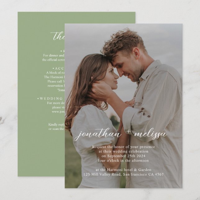 QR Code All in One Sage Green Photo Script Wedding Invitation (Front/Back)