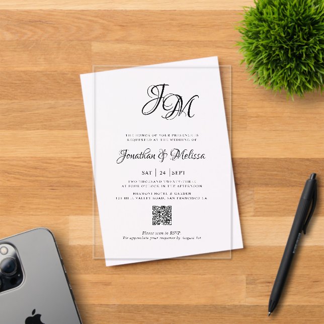 QR Code All in One Stylish Monogram Script Wedding Acrylic Invitations (Insitu (Invitation Card))