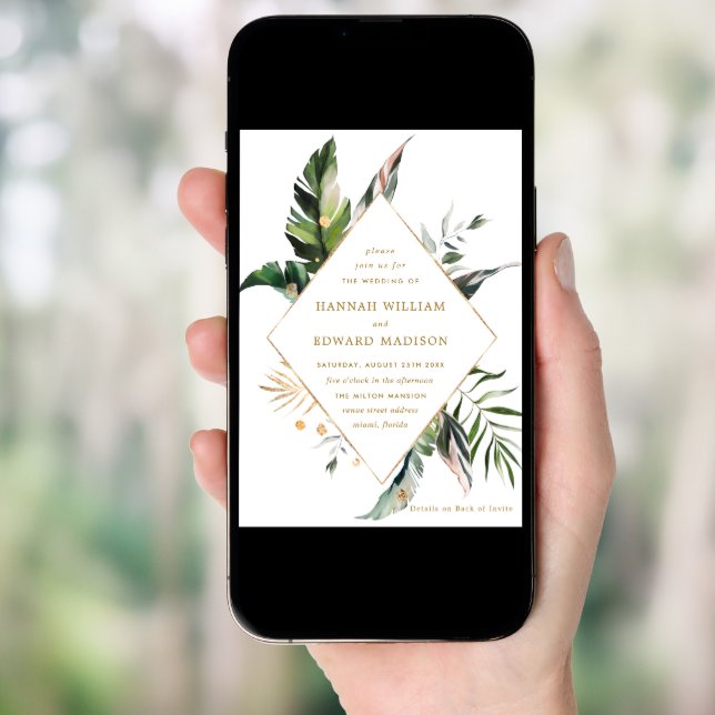 QR Code All In One Tropical Foliage Gold Wedding Invitation (Front Digital)