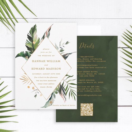 QR Code All In One Tropical Foliage Gold Wedding Invitation
