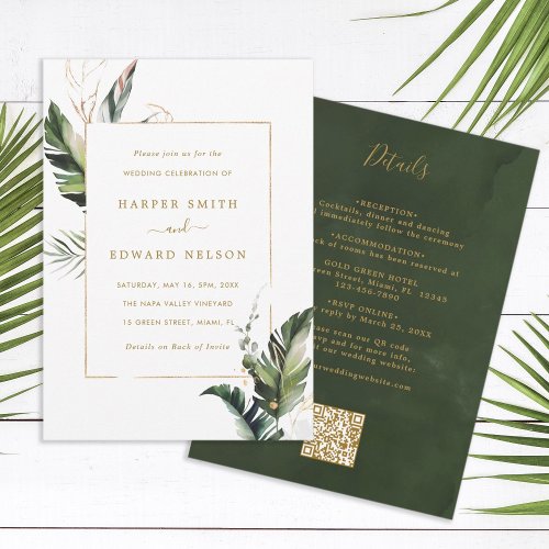 QR Code All In One Tropical Foliage Gold Wedding Invitation