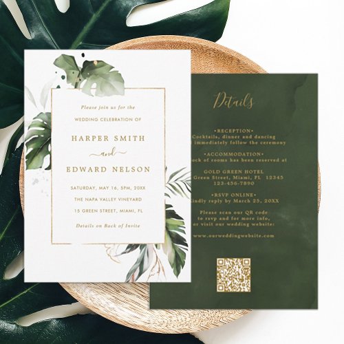 QR Code All In One Tropical Leaves Gold Wedding Invitation
