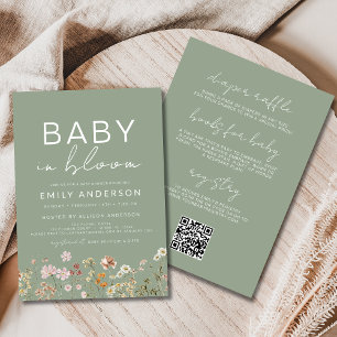 QR Code All in One Wildflower Baby in Bloom Shower Invitation