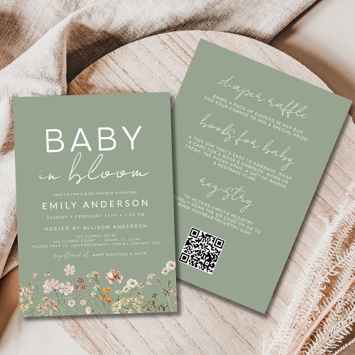 QR Code All in One Wildflower Baby in Bloom Shower Invitation