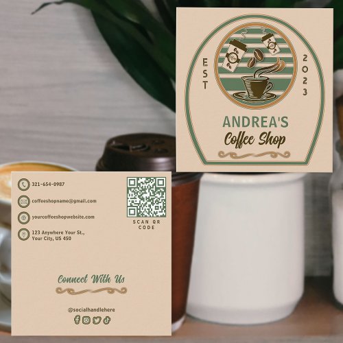 QR Code and Custom Logo Chic Vintage Coffee Shop   Square Business Card