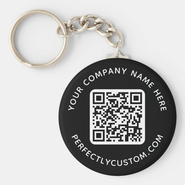 QR code and custom text black round Keychain | Zazzle