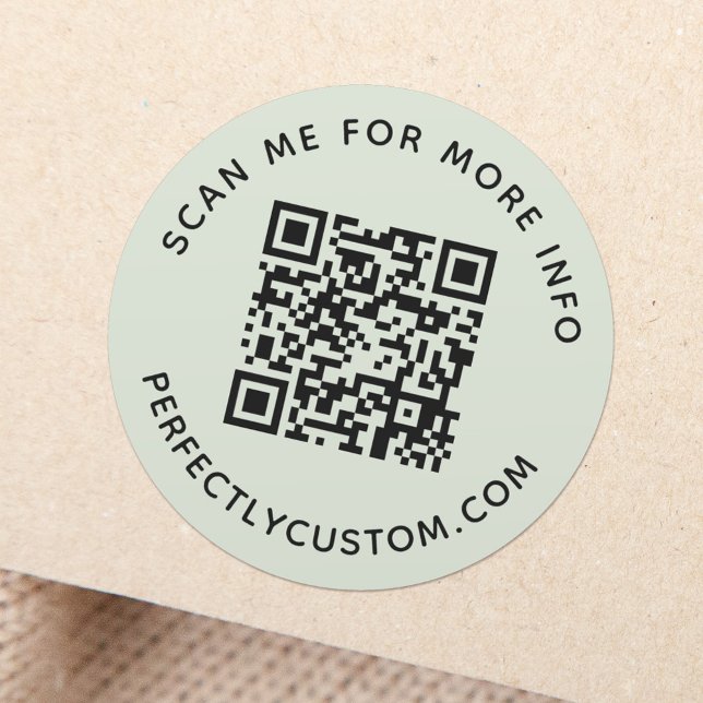 QR code and custom text light sage green Classic Round Sticker (Creator Uploaded)