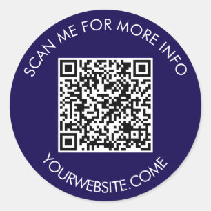 QR code and custom text round white & dark blue Classic Round Sticker