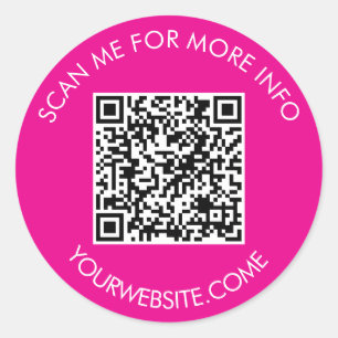 QR code and custom text round white & hot pink Classic Round Sticker