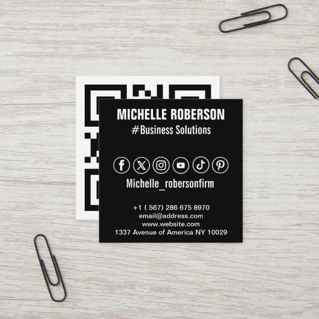 QR code and social media icons Square Business Card (Front/Back In Situ)