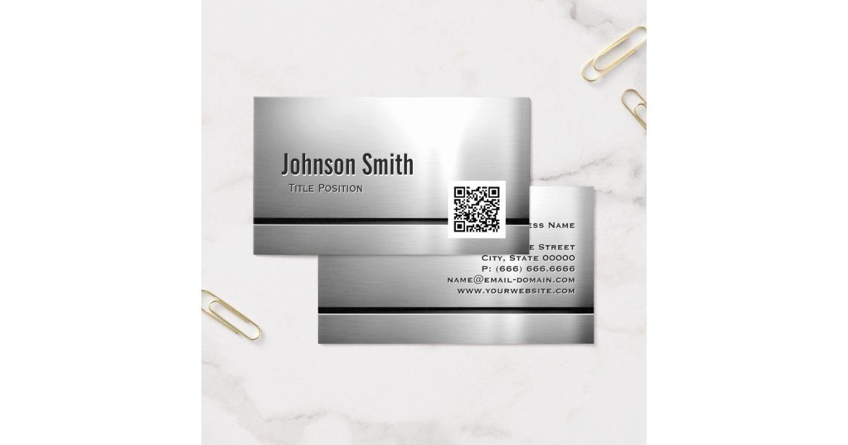 QR Code and Stainless Steel Brushed Metal Look Business Card Zazzle