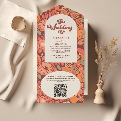 QR Code Arch Groovy Retro 70s Floral Wedding All In One Invitation