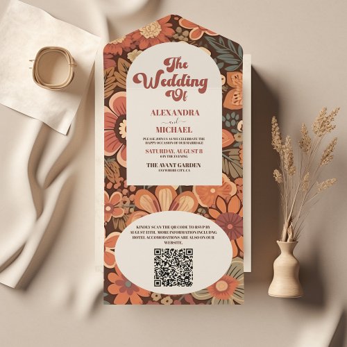QR Code Arch Groovy Retro 70s Floral Wedding All In One Invitation