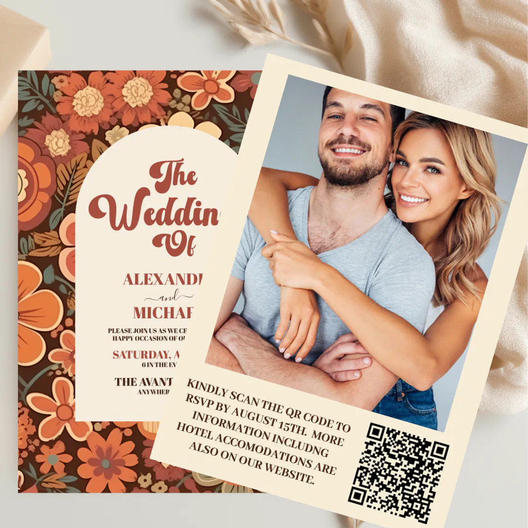 A retro 70s wedding invitation with an arched panel over a brown and orange floral pattern, shown with a photo RSVP card on a neutral background.