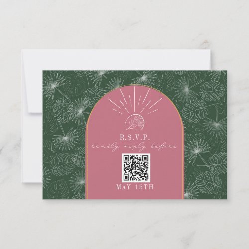 QR Code Arch Pink Green Tropical Palm Wedding RSVP