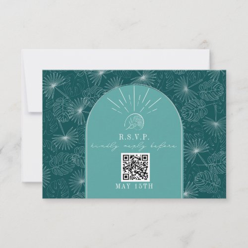 QR Code Arch Teal Tropical Palm Wedding RSVP