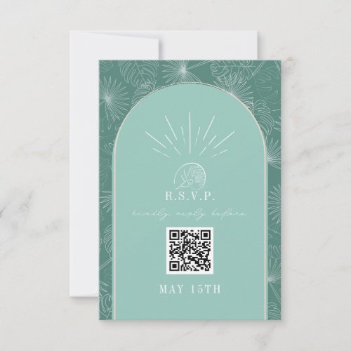 QR Code Arch Tropical Palm Aqua Wedding RSVP Card