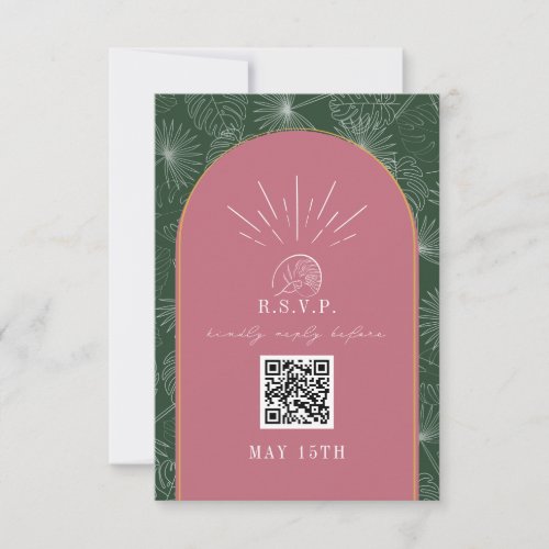 QR Code Arch Tropical Palm Pink Green Wedding RSVP Card