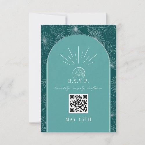 QR Code Arch Tropical Palm Teal Wedding RSVP Card