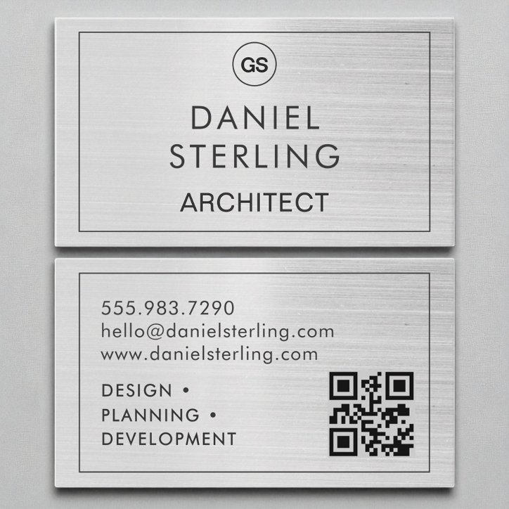 QR Code Architect Brushed Silver Monogram Business Card