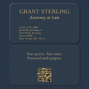 QR Code Attorney at Law Navy Blue Gold  Business Card