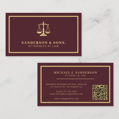 QR code attorney lawyer professional gold burgundy Business Card