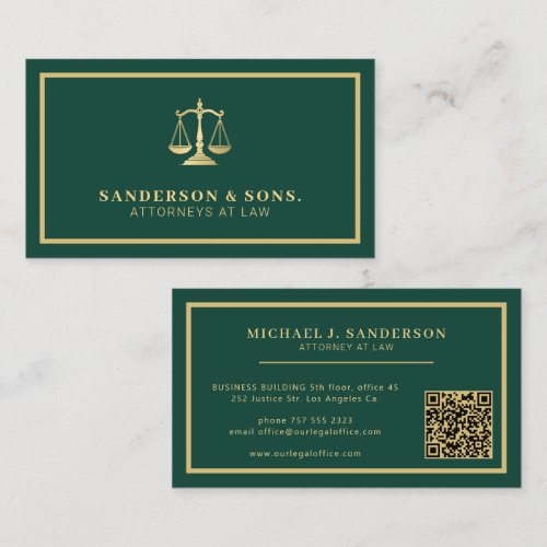 QR code attorney lawyer professional gold green Business Card