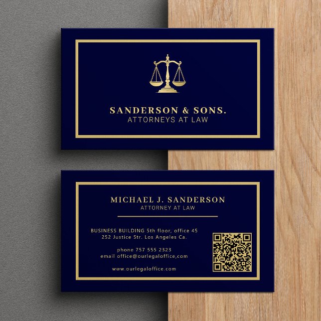 QR code attorney lawyer professional gold navy Business Card (Creator Uploaded)