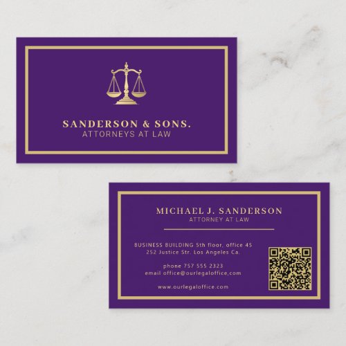 QR code attorney lawyer professional gold purple Business Card