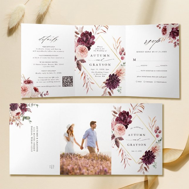 QR Code Autumn Romance Gold Geometric Wedding Tri-Fold Invitation (Inside & Outside)