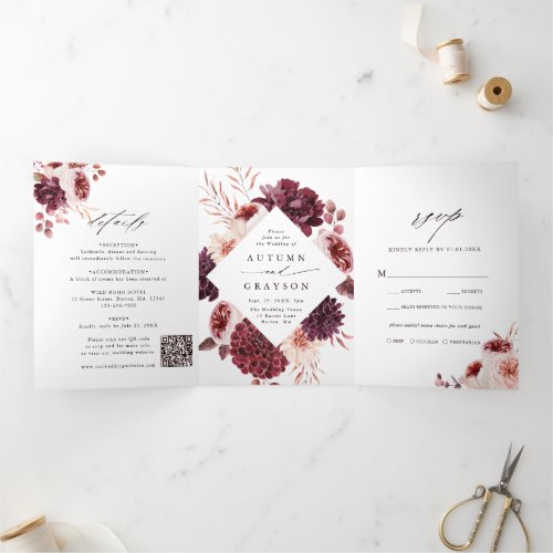 QR Code Autumn Romance Watercolor Floral Wedding Tri_Fold Invitation